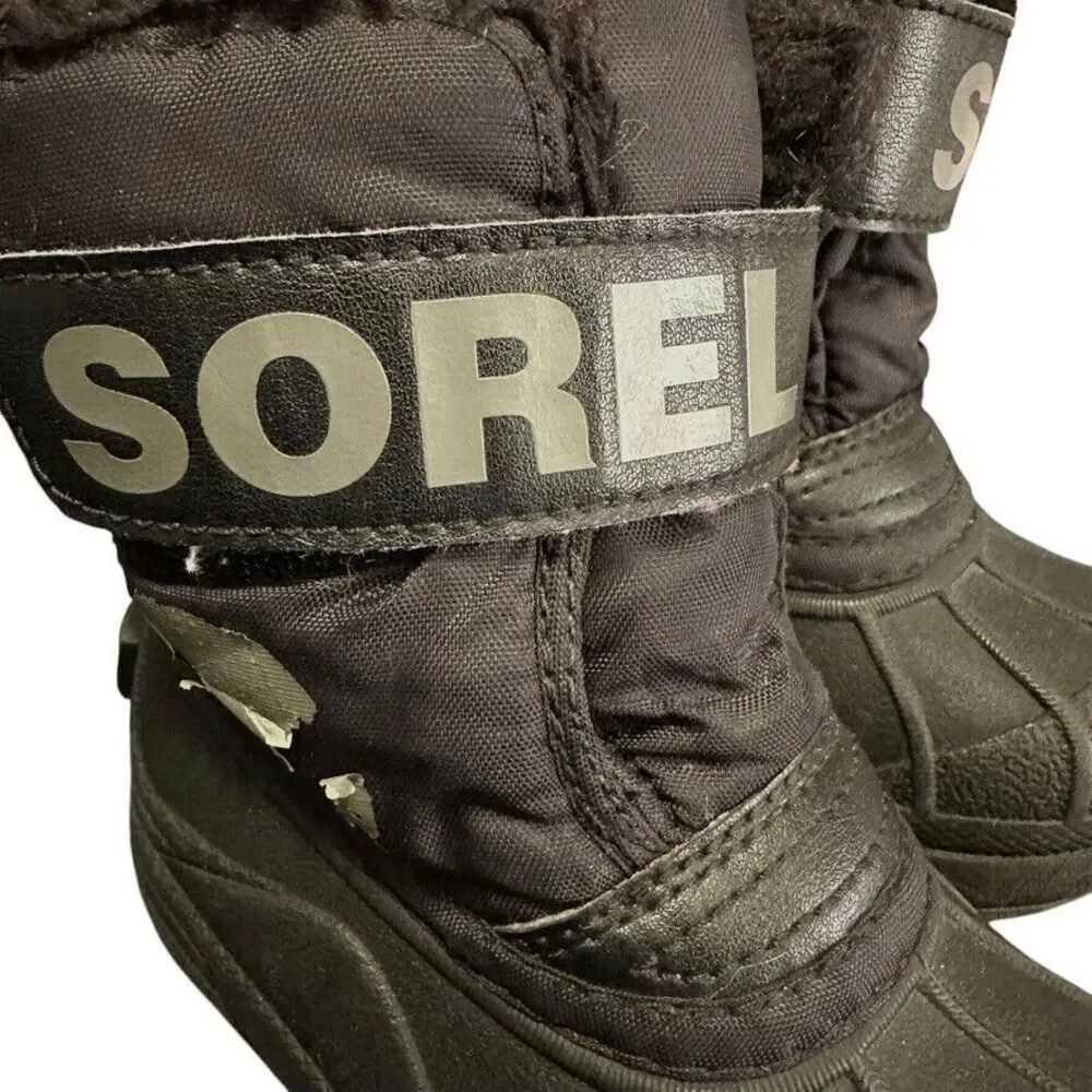 Sorel Snow Commander‎ Hook & Loop Strap Boots Toddler 6 Black Faux Fur-Lined